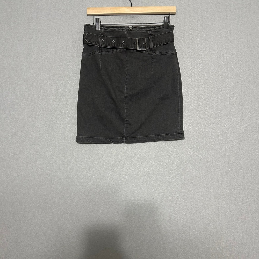 Free‎ People Grey Denim Belted Mini Skirt Size 12 High Waisted Jean Skirt